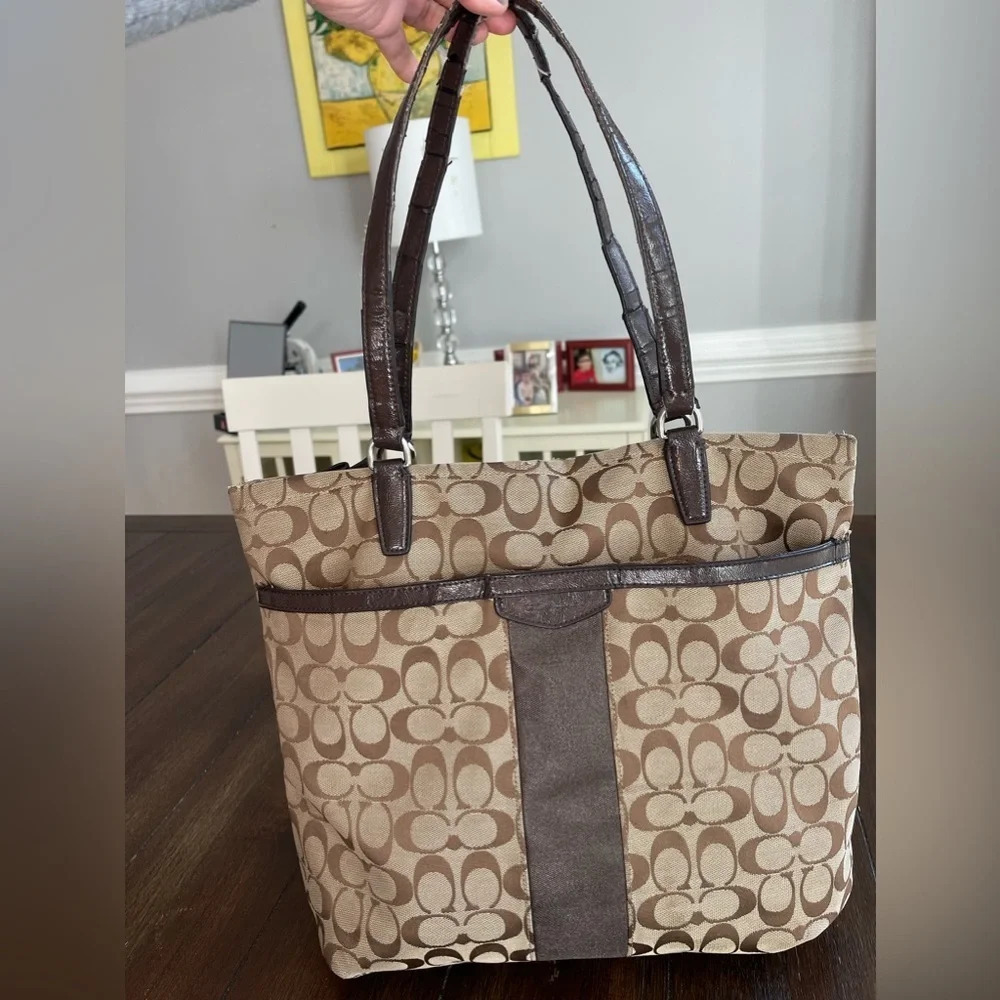 Coach Brown /Beige Canvas And Patent Leather Top Zip Tote